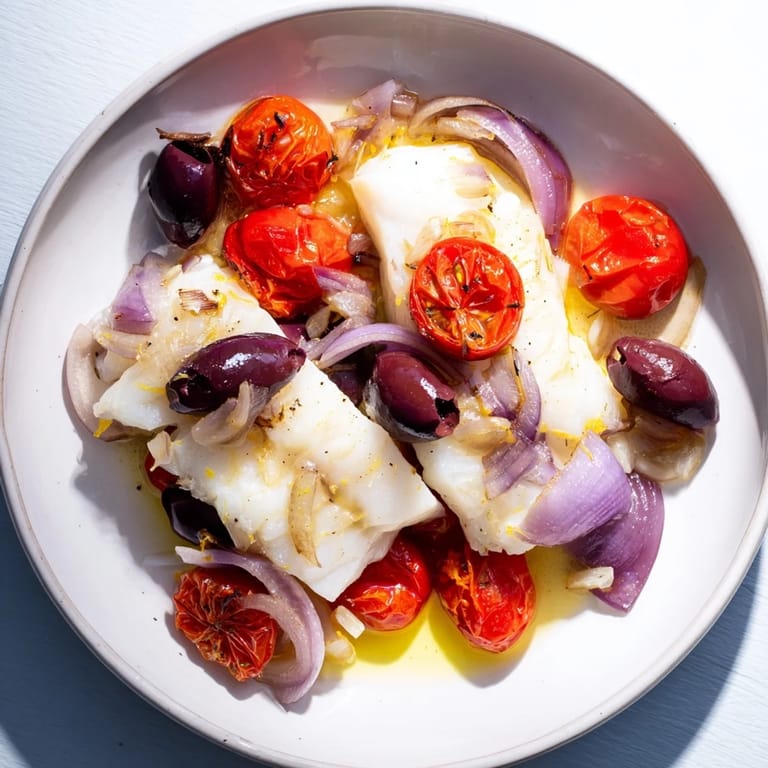 Close-up of flaky One-Tray Baked Cod with juicy tomatoes, and olives, ready to serve with lemon.