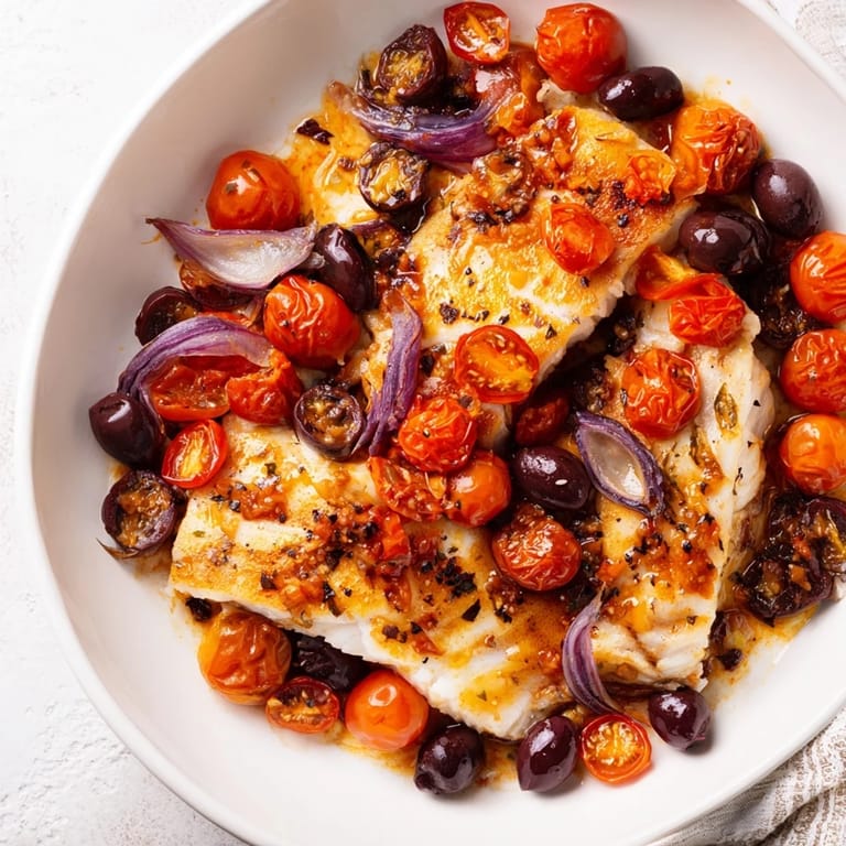 Sizzling One-Tray Baked Cod dish featuring olives and tomatoes, perfect for a gluten-free dinner.