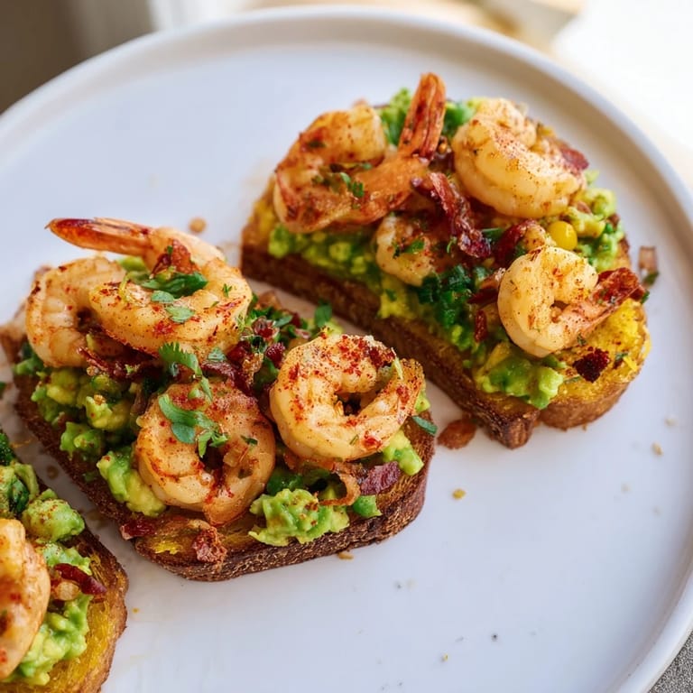 Crispy corn tostadas supporting a vibrant arrangement of Quick Shrimp and Avocado Tostadas for a quick dinner.