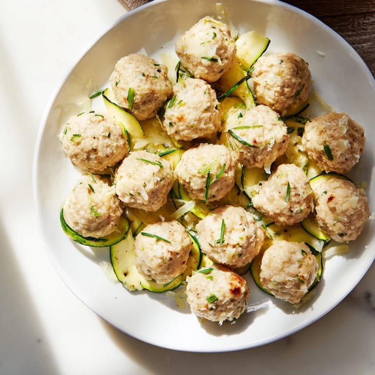 Tender sheet pan turkey meatballs and zucchini are shown just pulled from the oven, ready to eat.