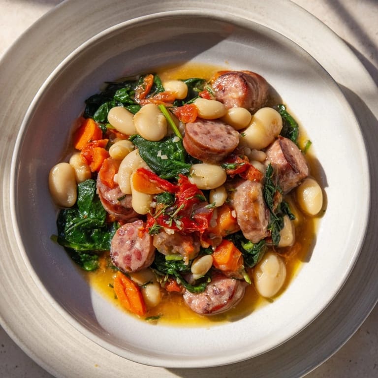 This flavorful One-Pot Sausage and White Bean Stew shows chunks of sausage and vegetables in a rich broth.