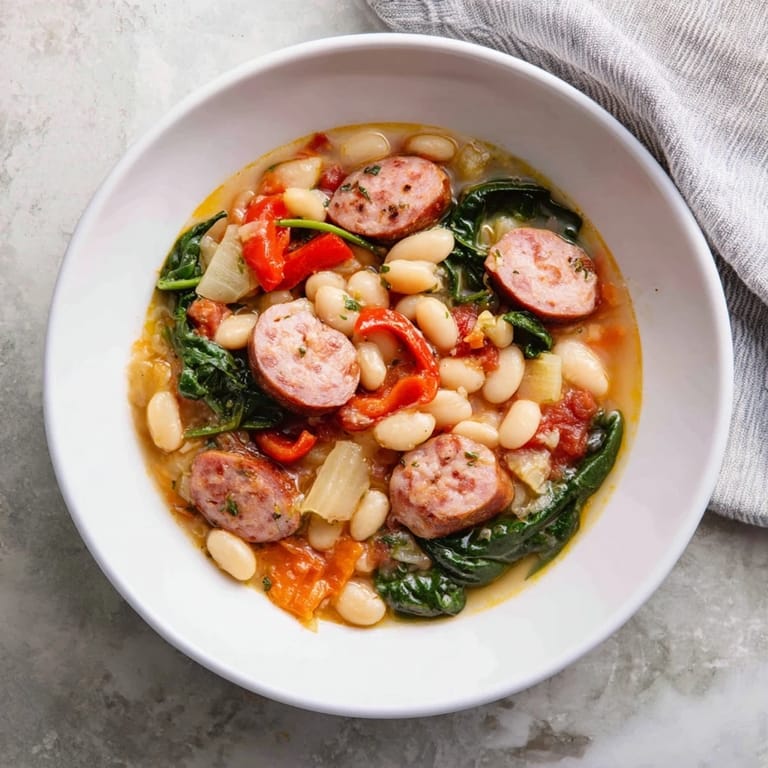 A close-up of One-Pot Sausage and White Bean Stew, rustic and delicious, perfect for a cold evening.