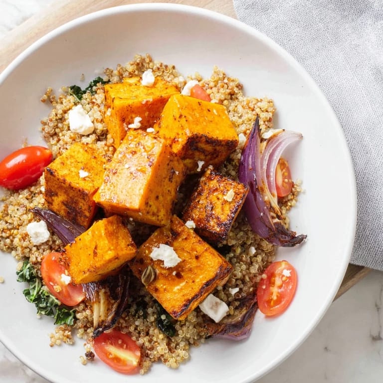 Tantalizing close-up of a Golden Honey-Roasted Butternut Squash Bowl, drizzled with sweet lime dressing.