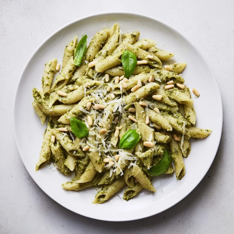 Golden pine nuts sprinkled on warm The Best 15-Minute Creamy Pesto Pasta; a quick and easy Italian meal.