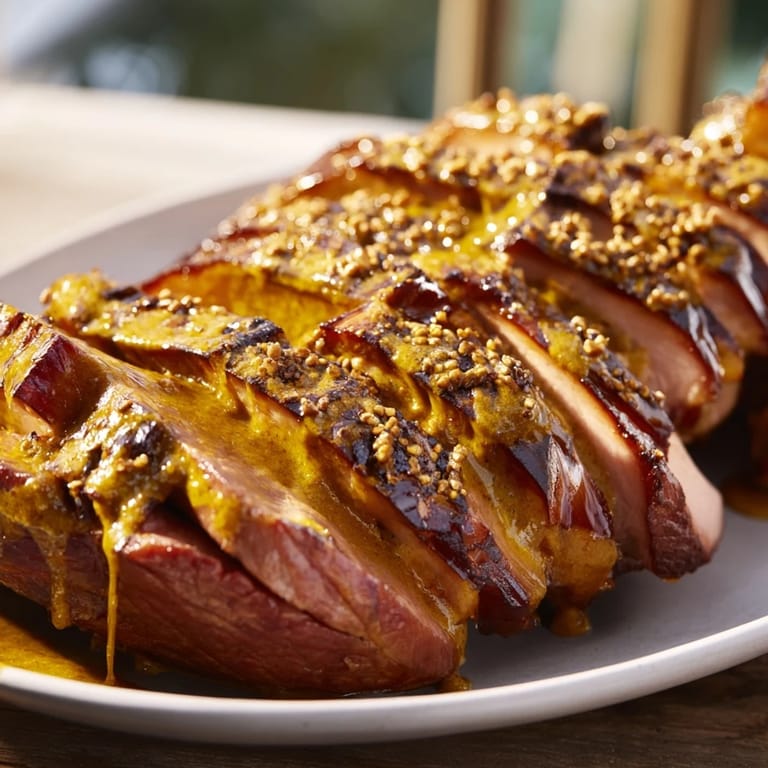 A steaming slow cooker filled with aromatic Slow-Cooked Honey Glazed Ham, generously coated in honey.