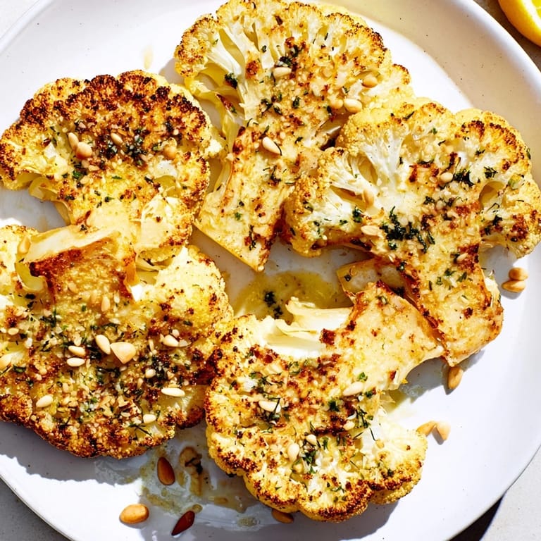 Mouthwatering Roasted Cauliflower Steaks, perfectly browned, with a luscious tahini sauce and fresh parsley garnish.
