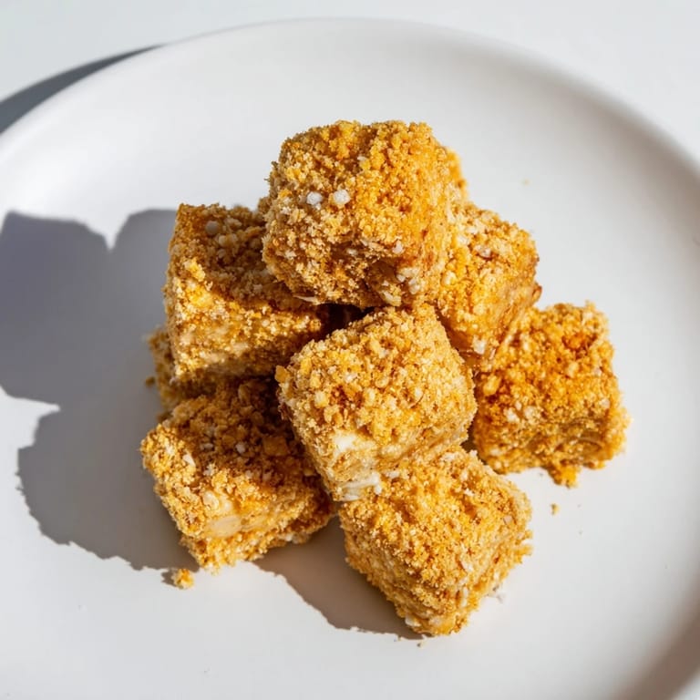 Close-up of golden-brown Crispy Tofu Nuggets, served with a creamy dipping sauce ready to eat.
