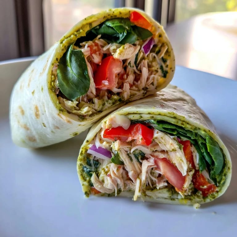 Delicious Pesto Chicken Wrap, with a colorful cross-section showing fresh ingredients and creamy cheese.