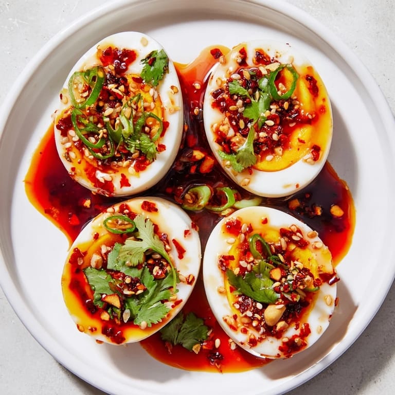 A close-up of Chili Oil Eggs, the spicy chili oil glistening over perfectly cooked yolks.