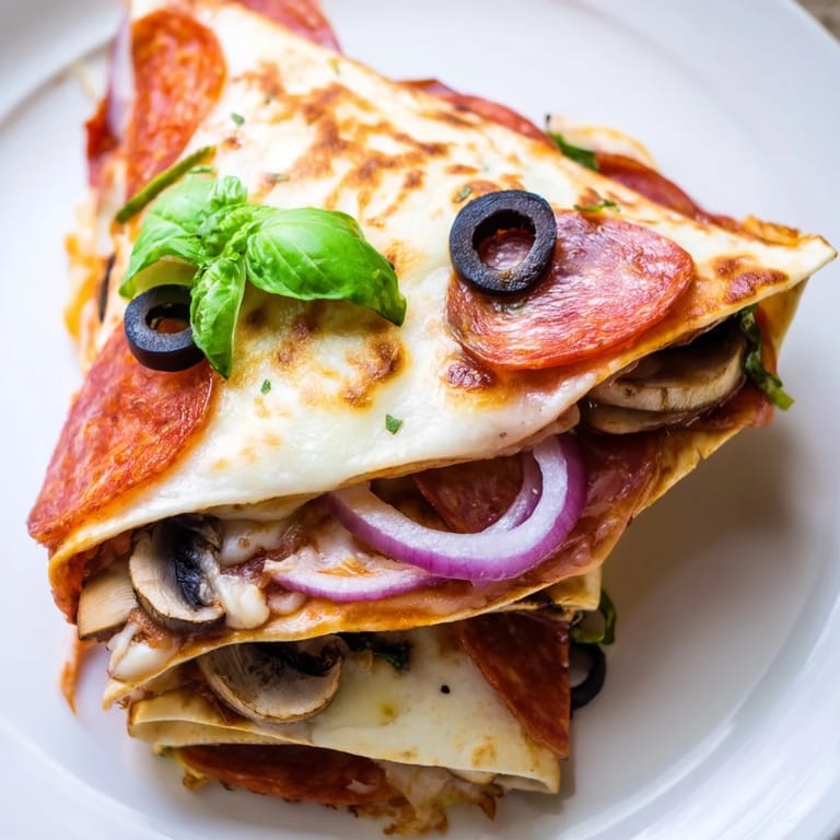 This delicious Cheesy Tortilla Pizza Wrap features layers of melted cheese and pizza toppings, ready to enjoy.