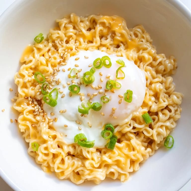 A close-up view of a savory Instant Cheese Ramen Bowl, garnished with green onion and sesame seeds.