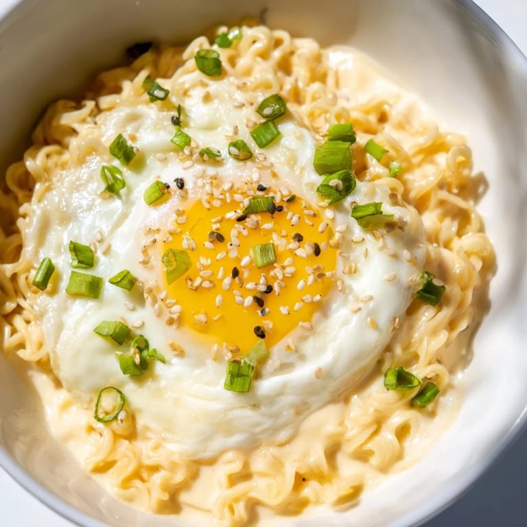 Creamy Instant Cheese Ramen Bowl with a perfectly poached egg, promising a warm, cheesy bite.