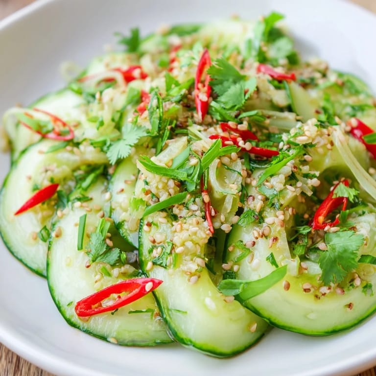 A close-up view of the Tangy Shaken Asian-Style Cucumber Salad, perfect for a fresh, light side dish.