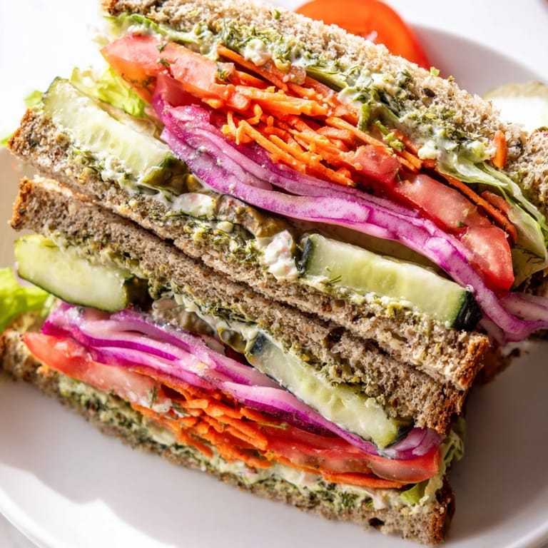 Enjoy the delicious layers of a Crunchy Dill Pickle Sandwich with creamy spread, perfect for lunch!