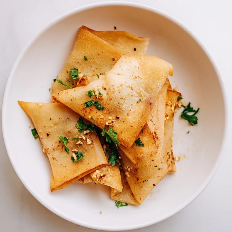 Perfectly air-fried Garlic Lumpia Chips, featuring golden-brown, thin, and very crispy snackable bites.