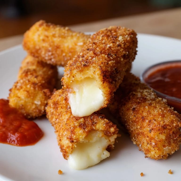 Freshly made air fryer mozzarella sticks, served with warm marinara, ready for dipping and enjoying.