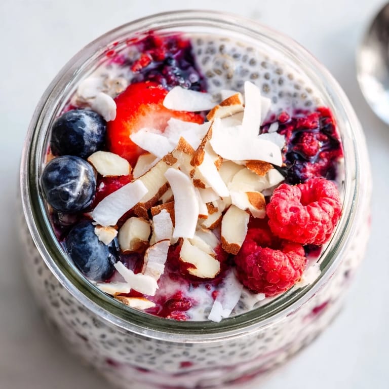 A beautifully layered berry chia pudding, showcasing fresh berries and coconut flakes.