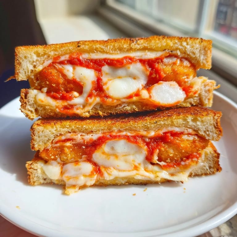 A close-up of a gooey Mozzarella Stick Grilled Cheese, a delicious, comforting American sandwich.