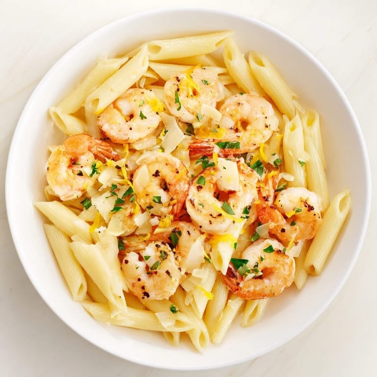 Delicious garlic shrimp penne, ready to eat, served with Parmesan cheese and lemon zest.