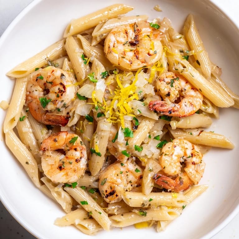 A close-up shot of steaming garlic shrimp penne, showcasing tender shrimp and flavorful sauce.