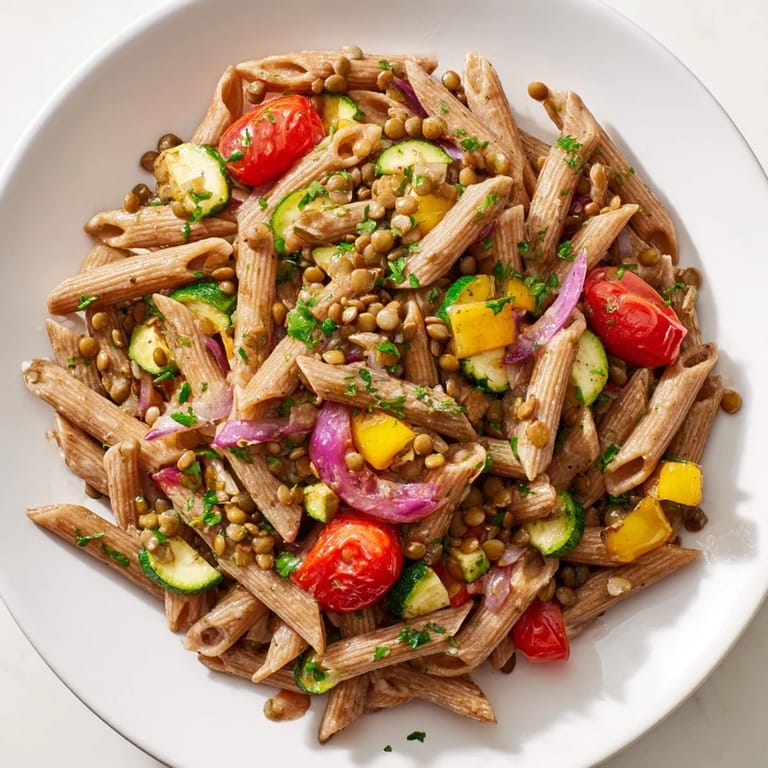 Golden-brown, roasted vegetables and hearty lentils create a flavorful Lentil Pasta dish, ready to serve.
