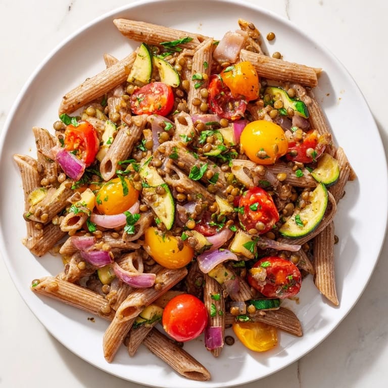 A warm bowl of Lentil Pasta with Vegetables: steaming, colorful, and seasoned with fresh herbs.