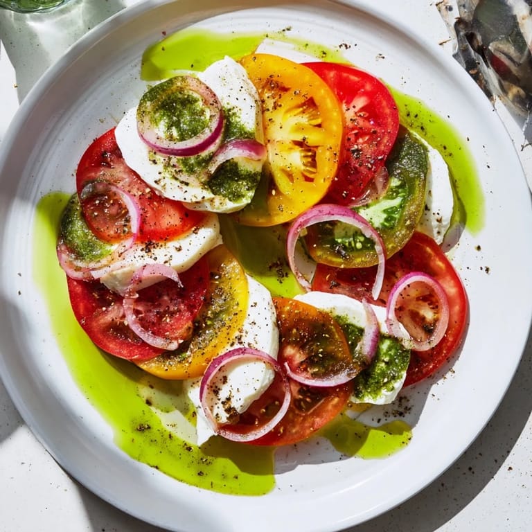 A close up of the juicy Summer Tomato Salad, drizzled with basil oil and vinegar.