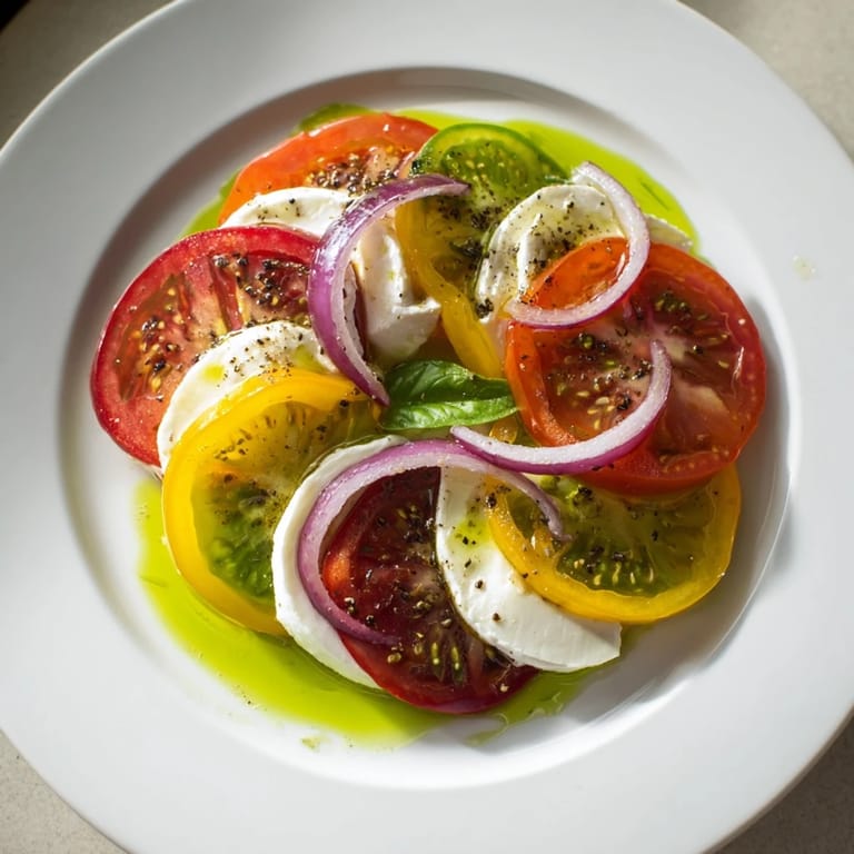 Heirloom tomatoes mingle with mozzarella in this Summer Tomato Salad, a perfect vegetarian delight.