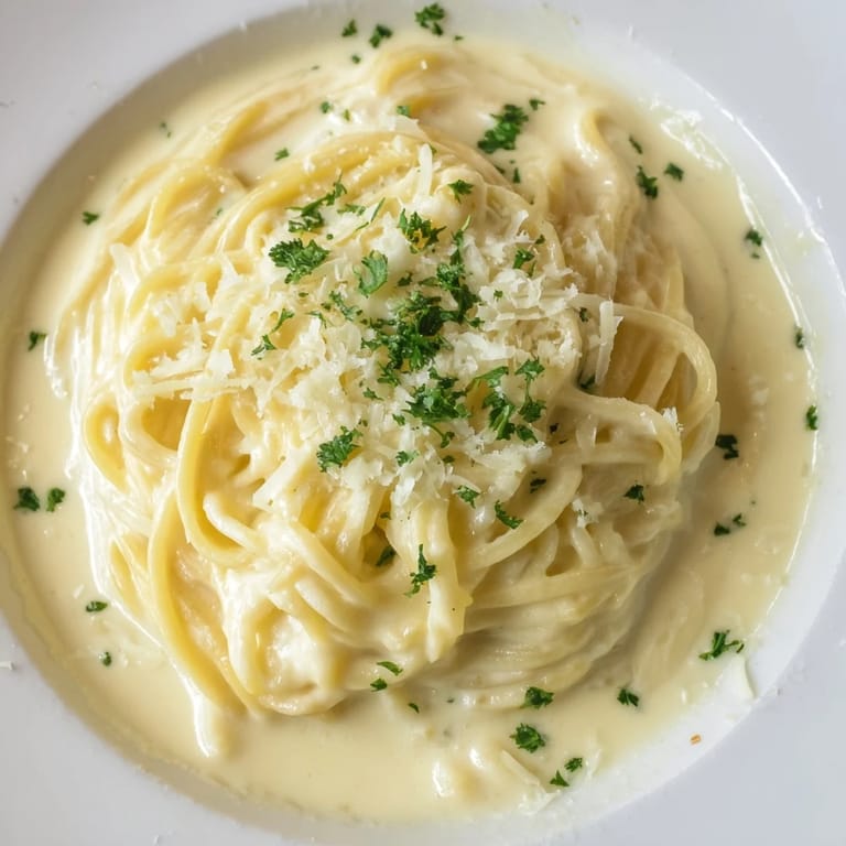 Freshly made Cottage Cheese Alfredo Sauce, rich and fragrant with garlic and Parmesan cheese.