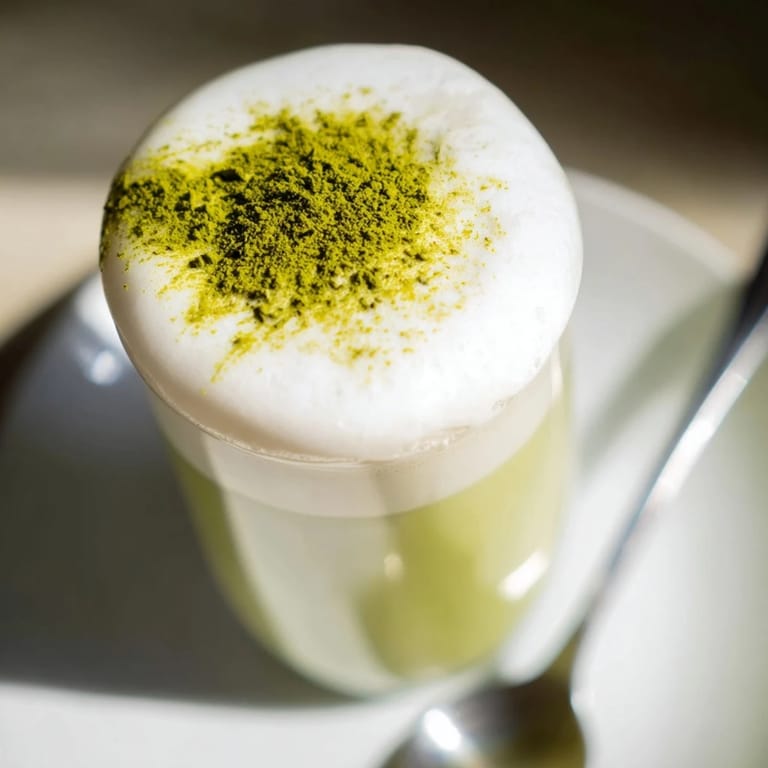 This refreshing creamy matcha latte features a vibrant color, offering a silky, delicious texture.