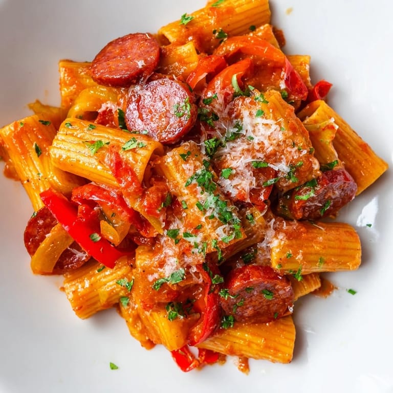 Warm bowl of Spanish chorizo pasta: pasta tossed with spicy sausage, a flavorful Spanish-inspired dinner.