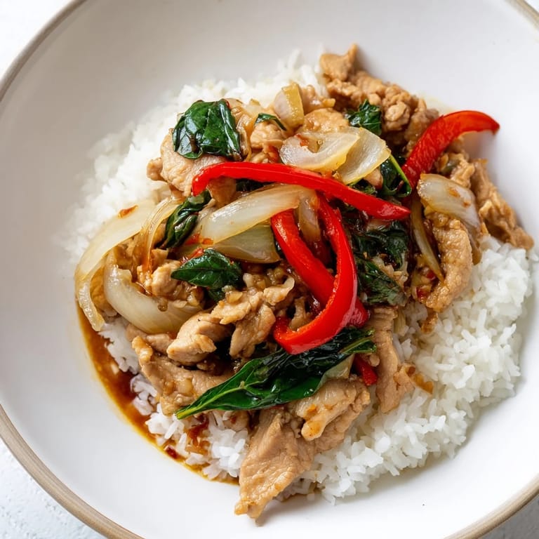 A close-up of delicious Thai Basil Chicken Bowls, ready to eat, with lime wedges on the side.