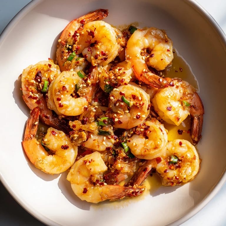 Tender, spicy Korean Garlic Butter Shrimp served with fresh scallions and sesame seeds, a flavorful bite!
