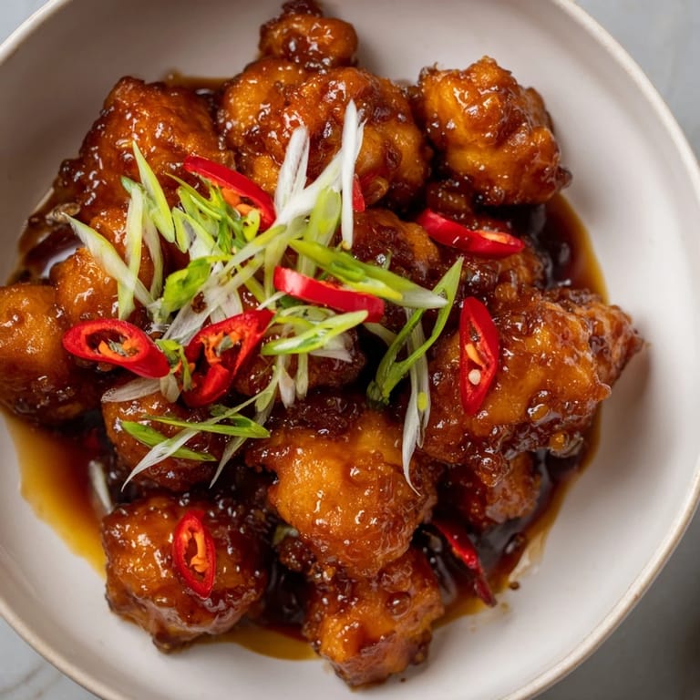 Savory caramel coats tender Vietnamese Caramel Chicken, garnished with fresh herbs and sliced chili peppers.