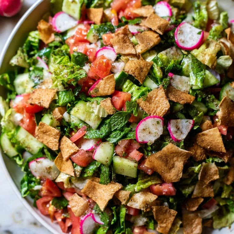 A close-up of a refreshing Lebanese Fattoush Salad, showcasing the crisp textures and bright flavors awaiting.