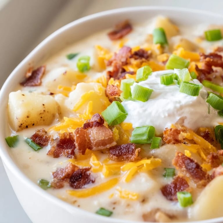 Steaming bowl of loaded baked potato soup with tender potato chunks, melted cheddar, and tangy sour cream garnish, ready to serve.