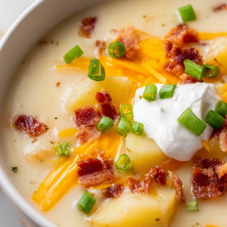 Comforting loaded baked potato soup served in a white ceramic bowl, featuring crispy bacon bits and melty cheese on top.