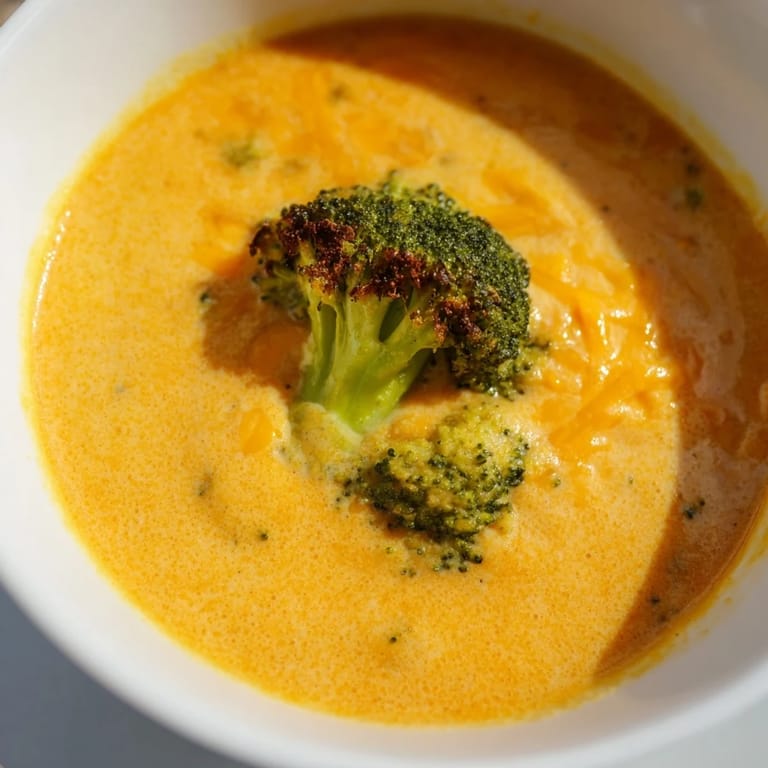 Hearty bowl of homemade broccoli cheddar soup with golden roasted florets, sharp cheddar, and a swirl of cream.  