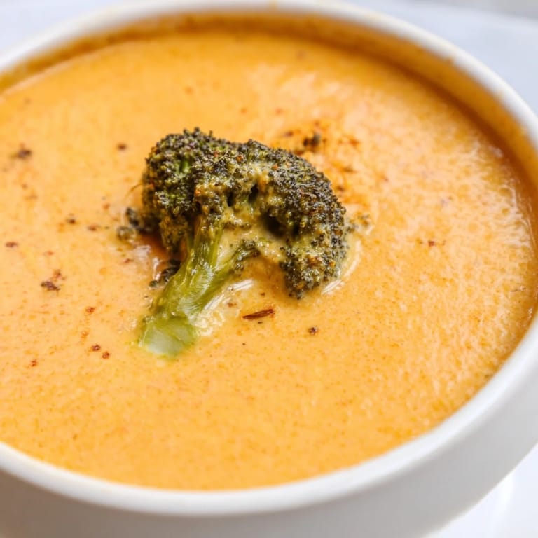 Velvety broccoli cheddar soup in a warm mug, garnished with extra cheddar and a sprig of fresh parsley.
