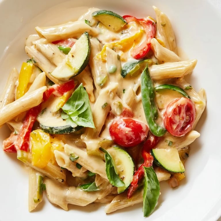 Serving suggestion: One-Pot Creamy Pasta Primavera in a bowl, topped with grated Parmesan and a glass of white wine.