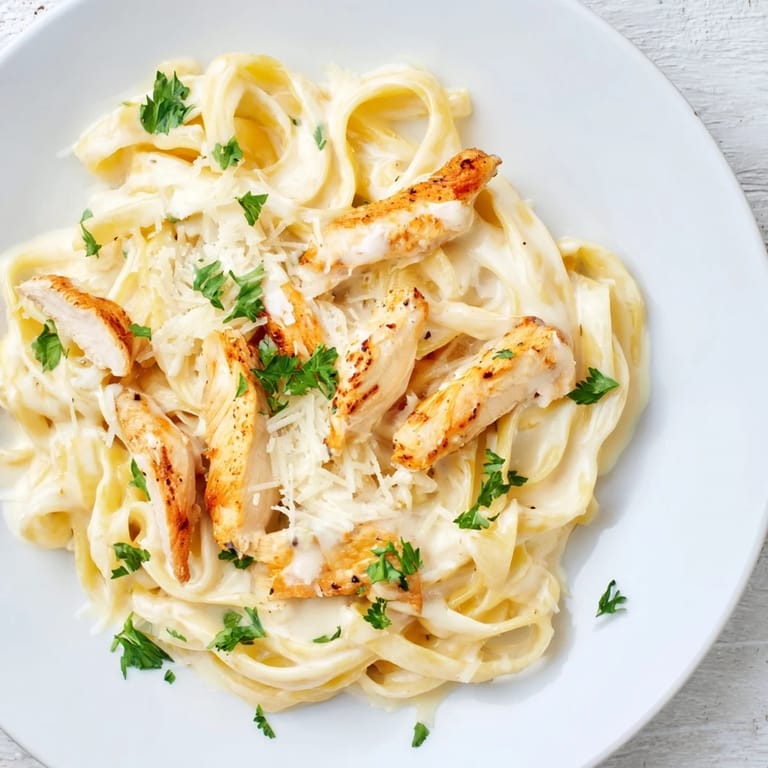Tender chicken Alfredo tossed with pasta and Parmesan, served in a skillet for a cozy weeknight dinner.