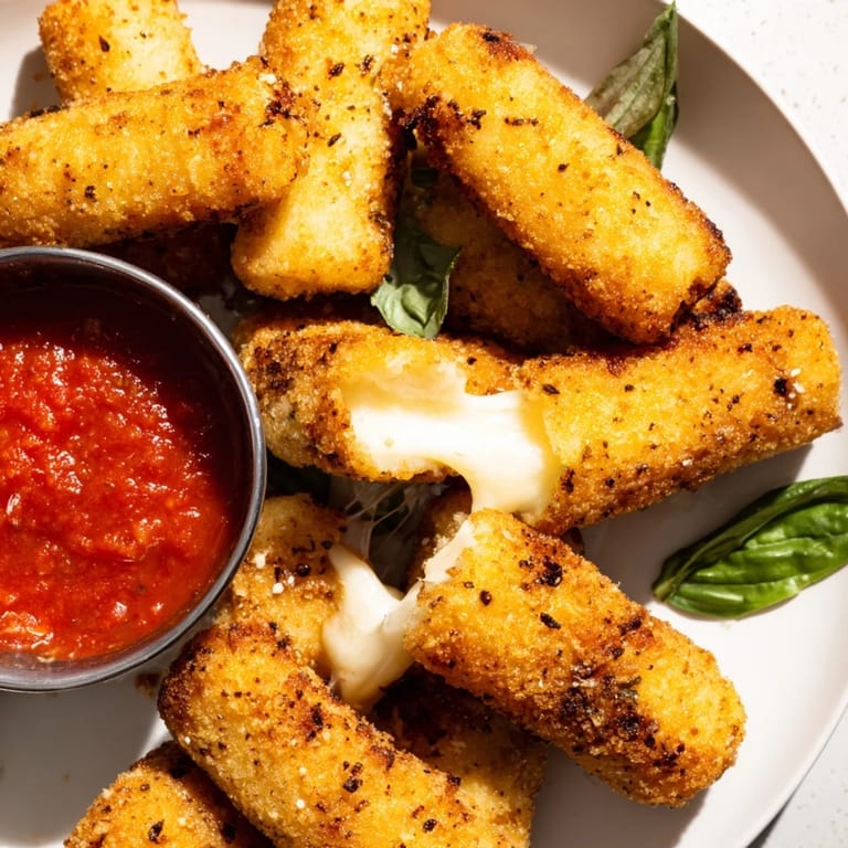 Quick air fryer mozzarella sticks snack with crunchy breading and melted mozzarella center for appetizers.