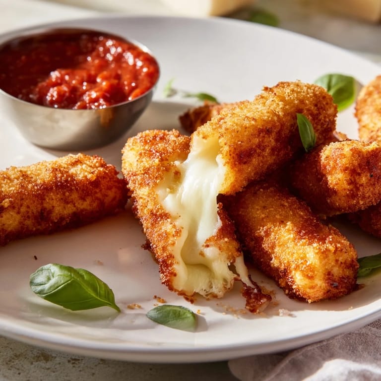 Freshly fried air fryer mozzarella sticks on a plate with basil garnish and dipping sauce.