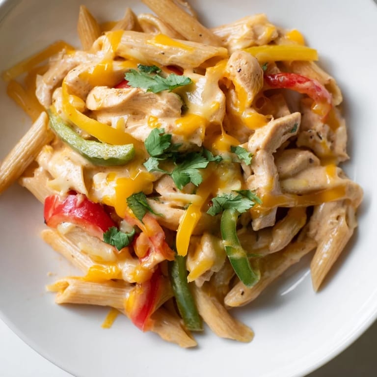 Tender chicken and colorful peppers in a creamy Chicken Fajita Pasta Skillet, garnished with fresh cilantro and lime.