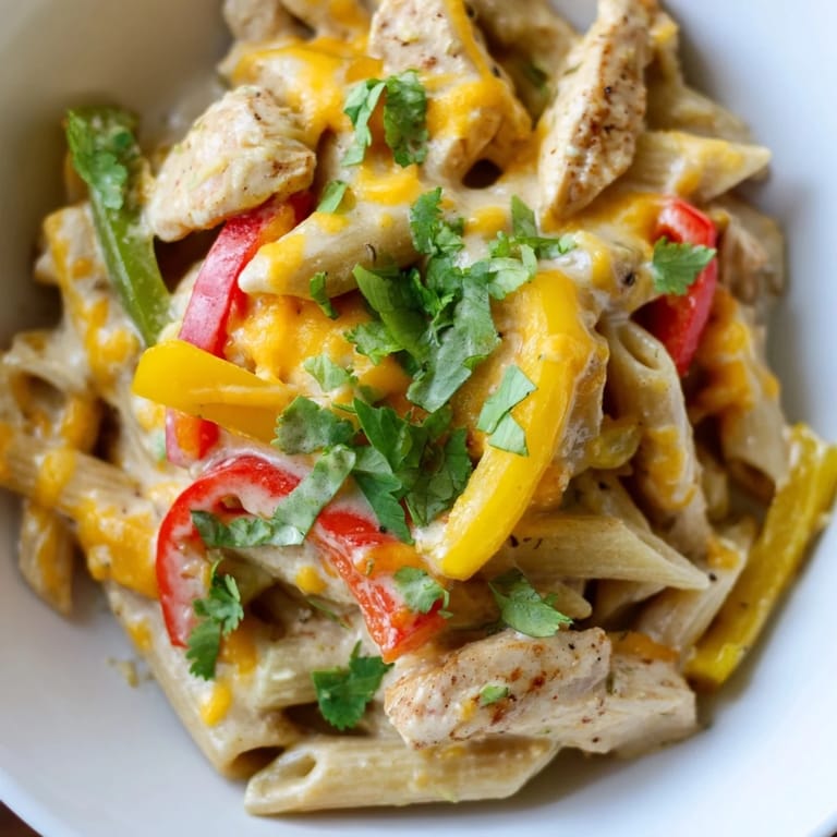 Close-up of a Chicken Fajita Pasta Skillet showing zesty seasonings, noodles, and Tex-Mex ingredients in a single pan.