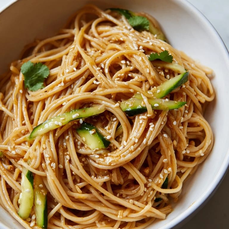 Overhead view of vibrant Spicy Sesame Noodle Salad with chili oil dressing, spring onions, and colorful garnishes.
