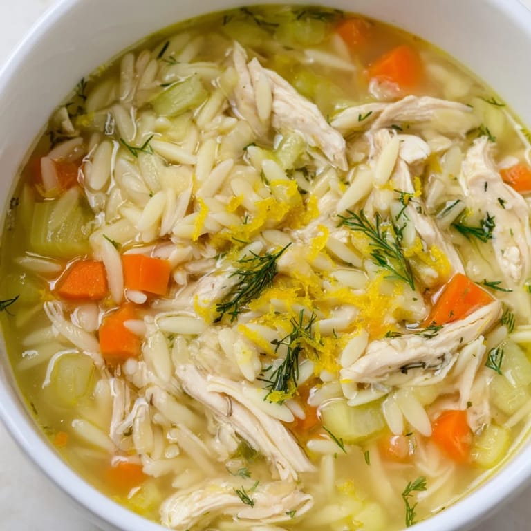 Hearty Chicken Lemon Orzo Soup simmering in a rustic pot, showcasing tender chicken, diced carrots, and delicate orzo pasta.