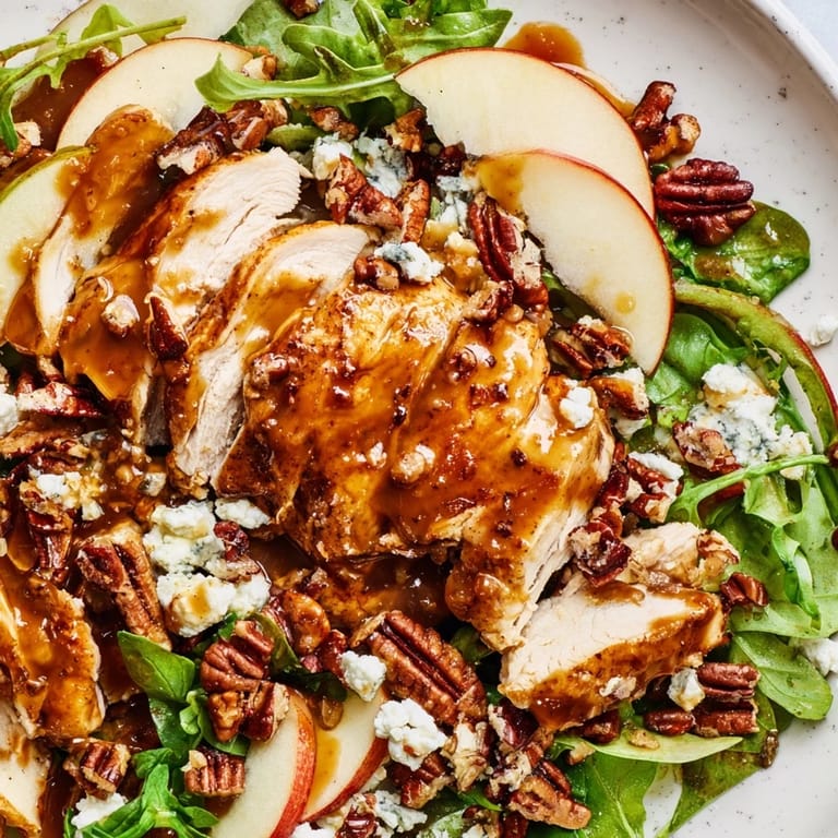 Caramel Apple Chicken Salad features crisp apples, savory chicken, feta, and pecans tossed in a sweet, buttery caramel-pecan dressing.