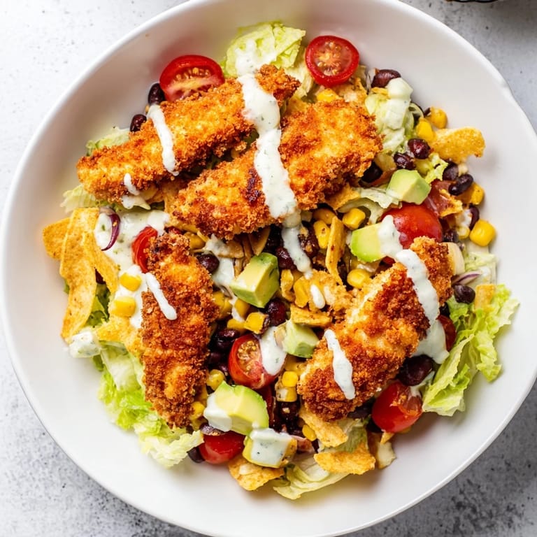 Serving suggestion for Crispy Chicken Taco Salad with juicy golden chicken, shredded cheddar, and crunchy tortilla strips on a blue plate.