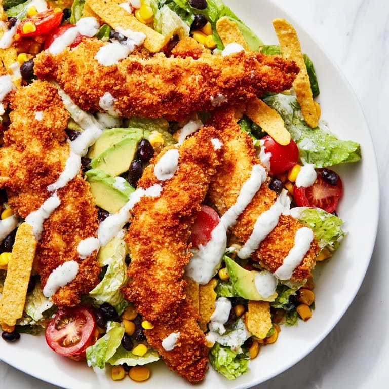 Bright bowl of Crispy Chicken Taco Salad featuring black beans, corn, and cherry tomatoes drizzled with creamy salsa ranch dressing.